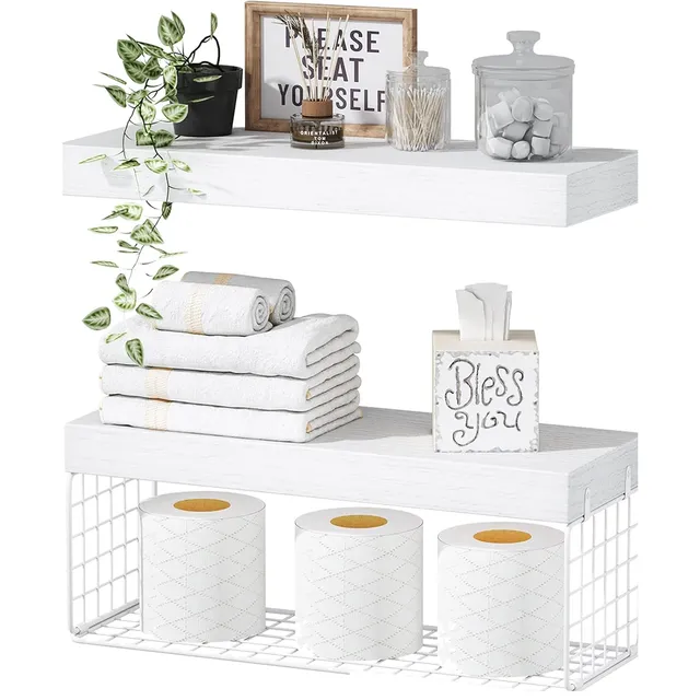 QEEIG Over-Toilet Shelves with Basket — White