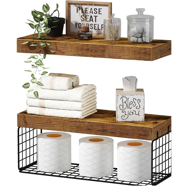 QEEIG Over-Toilet Shelves with Basket — Rustic Brown