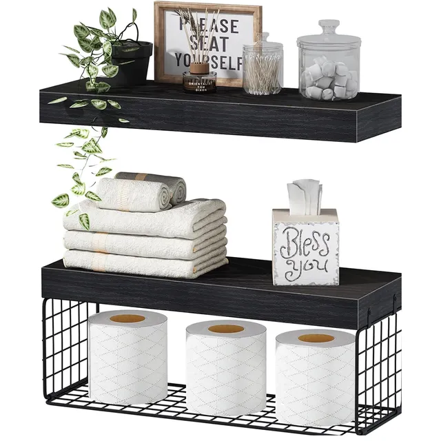 QEEIG Over-Toilet Shelves with Basket — Black