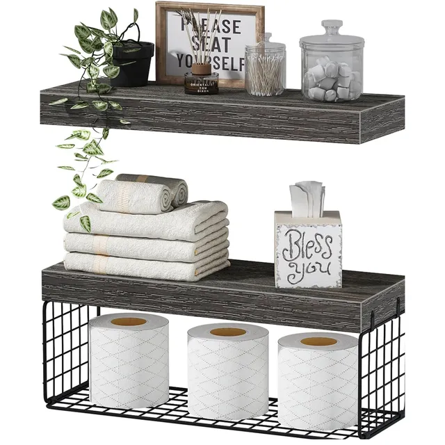 QEEIG Over-Toilet Shelves with Basket — Grey