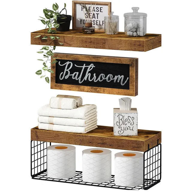 QEEIG Bathroom Shelves with Decor Sign — Rustic Brown