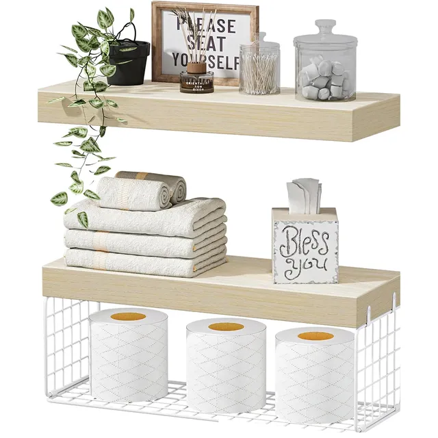 QEEIG Over-Toilet Shelves with Basket — Natural