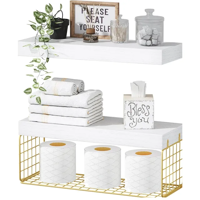QEEIG Over-Toilet Shelves with Basket — White & Gold
